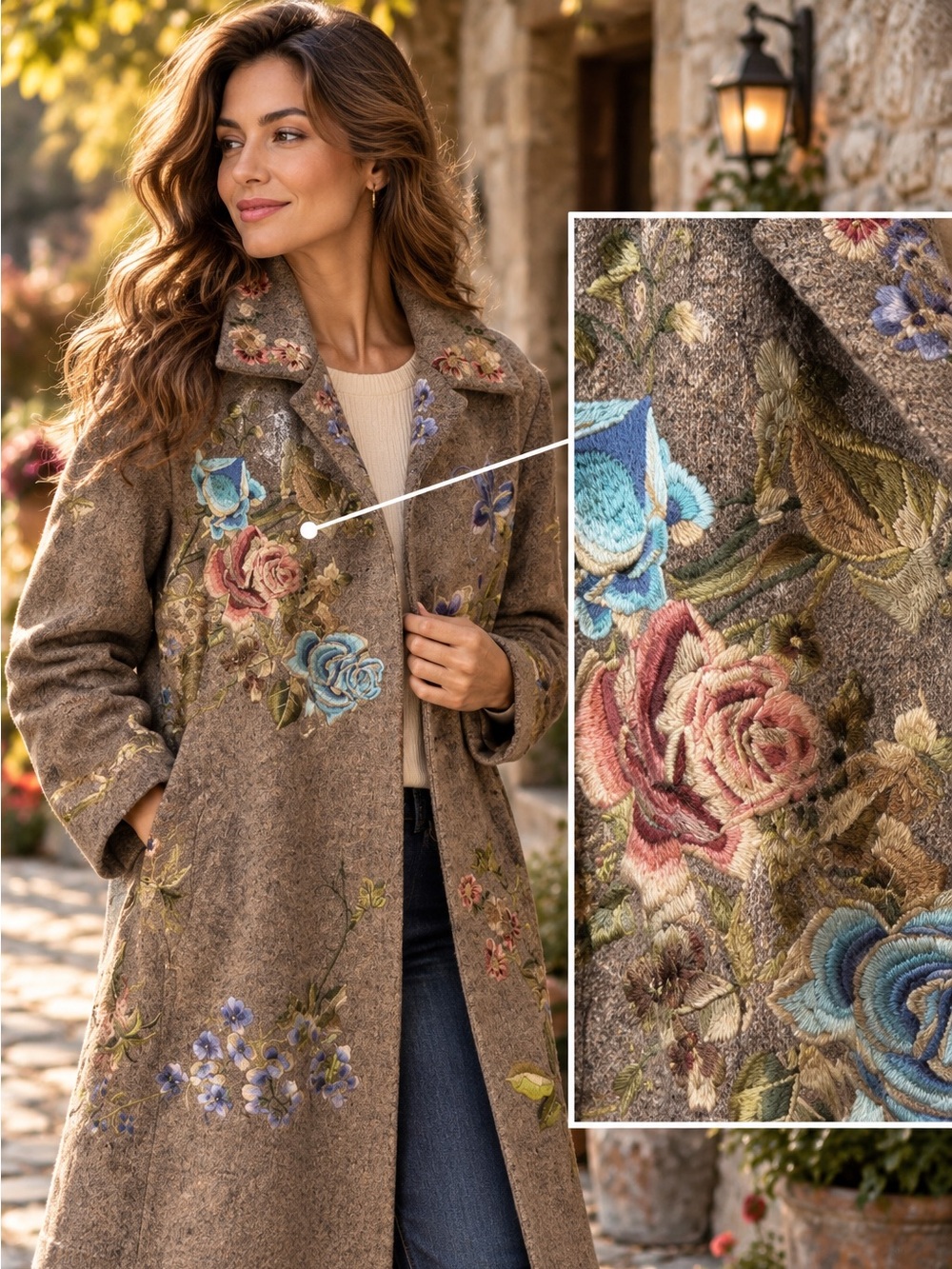Birds & Floral Embroidered Tweed Long Coat – Cottagecore Statement Jacket
